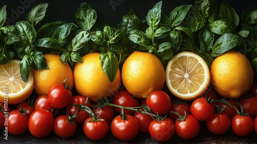 Wallpaper Mural Fresh citrus fruits and ripe tomatoes arranged with green basil on a dark background showcasing vibrant colors and natural textures. Torontodigital.ca