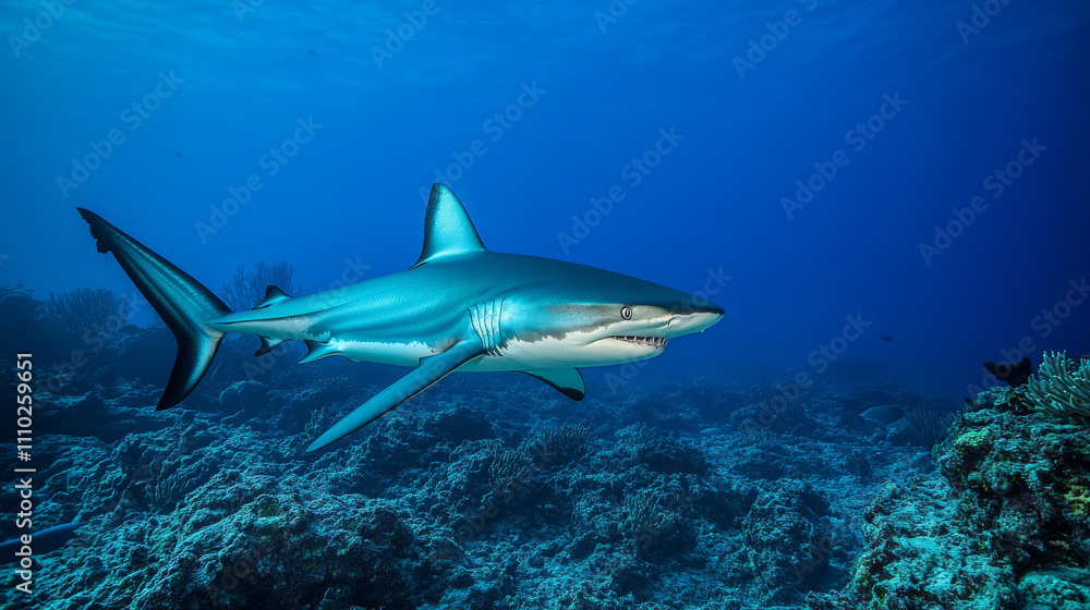 Ocean shark bottom view from below. Open toothy dangerous mouth with many teeth. Underwater blue sea waves clear water shark swims forward Ocean shark bottom view from below. Open toothy dangerous mouth with many teeth. Underwater blue sea waves clear water shark swims forward