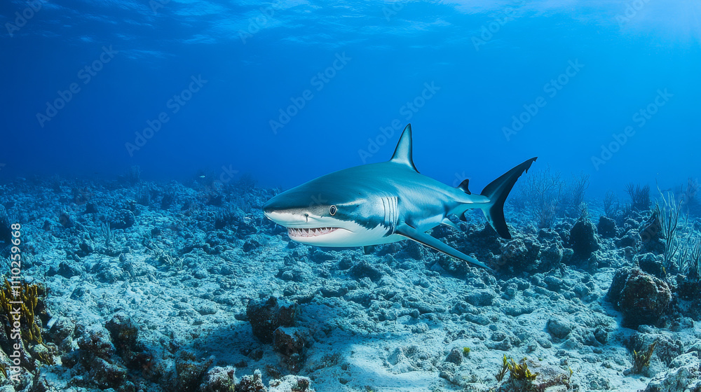 Obraz premium Ocean shark bottom view from below. Open toothy dangerous mouth with many teeth. Underwater blue sea waves clear water shark swims forward