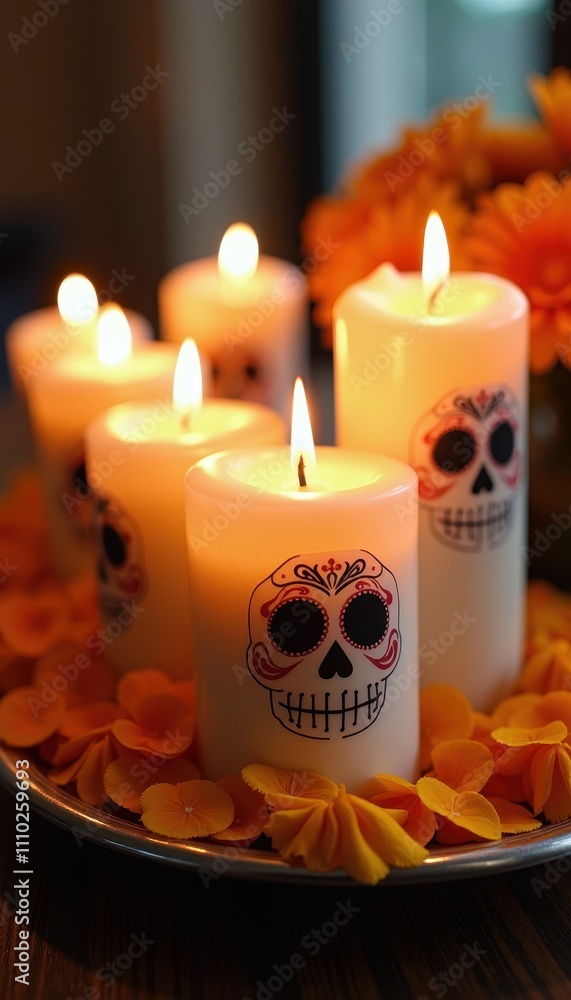 Candle Display with Marigold Petals for a Traditional Dia de los Muertos. Candle Display with Marigold Petals for a Traditional Dia de los Muertos.