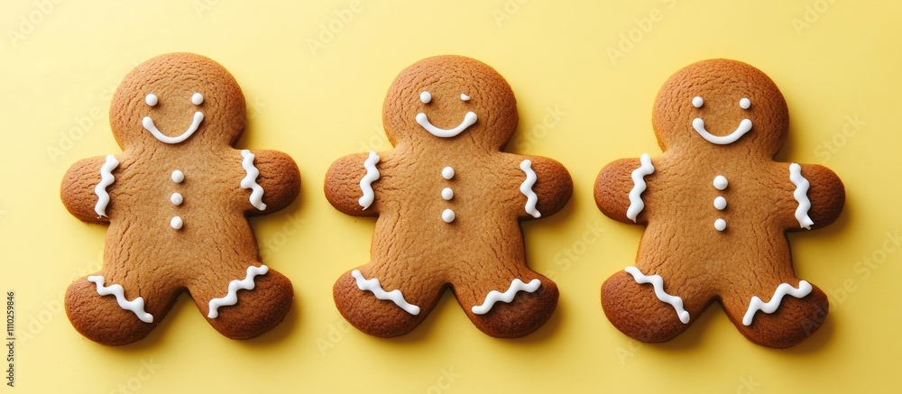 Gingerbread cookies with icing displayed on a bright yellow background for a cheerful holiday season festive theme Gingerbread cookies with icing displayed on a bright yellow background for a cheerful holiday season festive theme