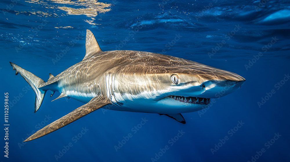 Obraz premium Ocean shark bottom view from below. Open toothy dangerous mouth with many teeth. Underwater blue sea waves clear water shark swims forward
