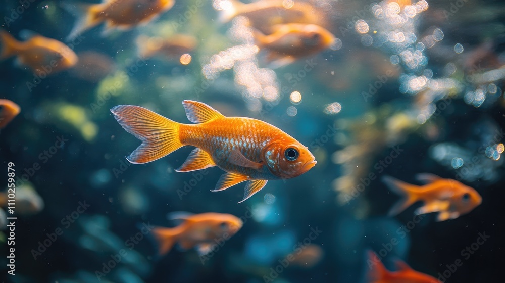 Naklejka premium Vibrant goldfish swimming gracefully in an aquarium showcasing the beauty of underwater life and aquatic diversity.