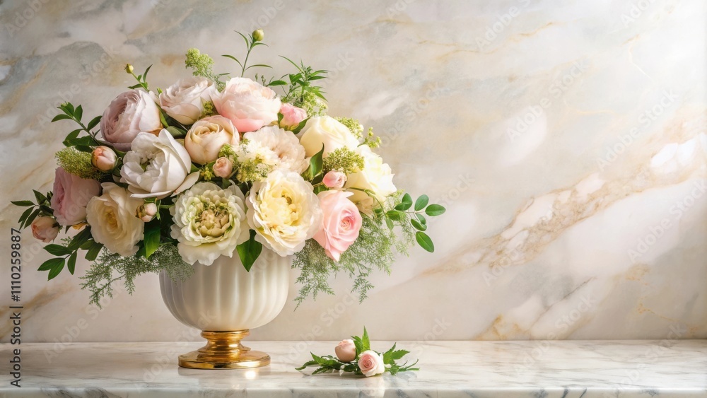 Obraz premium A delicate bouquet of cream and pink roses arranged in a white vase with a gold base, resting on a marble countertop