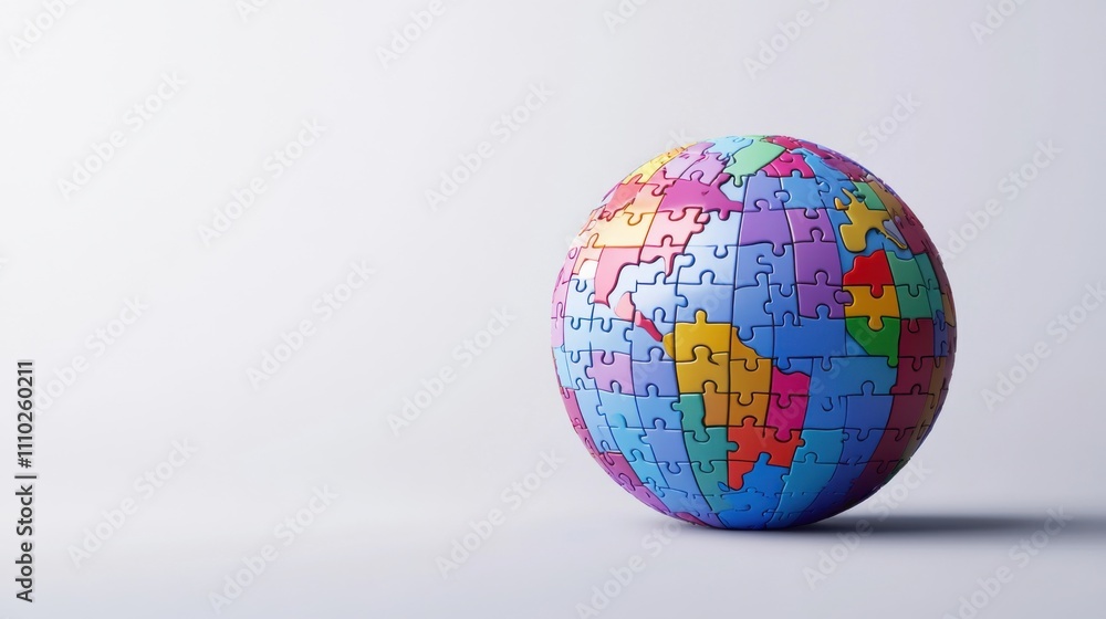 An evocative scene of a collection of diverse, colorful puzzle pieces forming a globe against a plain background An evocative scene of a collection of diverse, colorful puzzle pieces forming a globe against a plain background