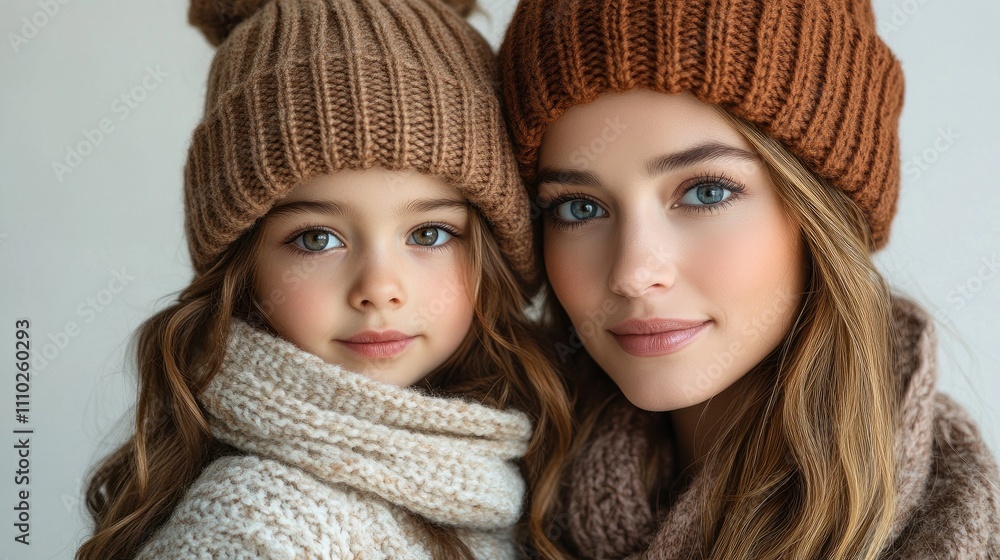 Warm and cozy mother daughter duo in matching winter hats and scarves facing the camera with gentle smiles on a neutral background Warm and cozy mother daughter duo in matching winter hats and scarves facing the camera with gentle smiles on a neutral background