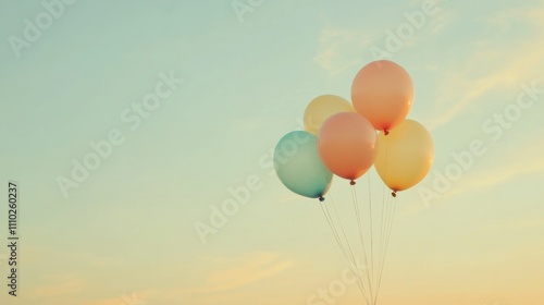 An evocative scene of a collection of diverse, multi-colored balloons rising together against a soft, pastel sky photo