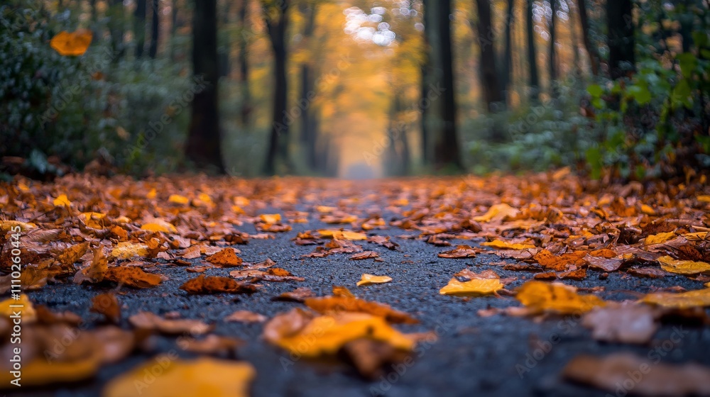 Falling leaves create a picturesque pathway in a serene autumn forest Falling leaves create a picturesque pathway in a serene autumn forest