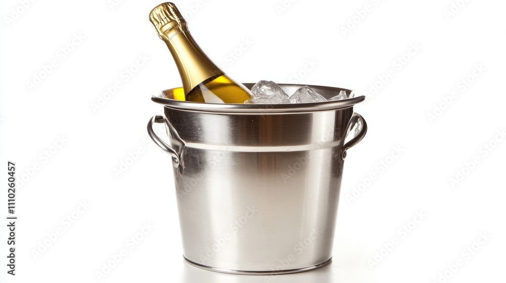 Champagne bottle resting in a silver ice bucket with ice cubes on a pristine white background for elegant celebrations Champagne bottle resting in a silver ice bucket with ice cubes on a pristine white background for elegant celebrations