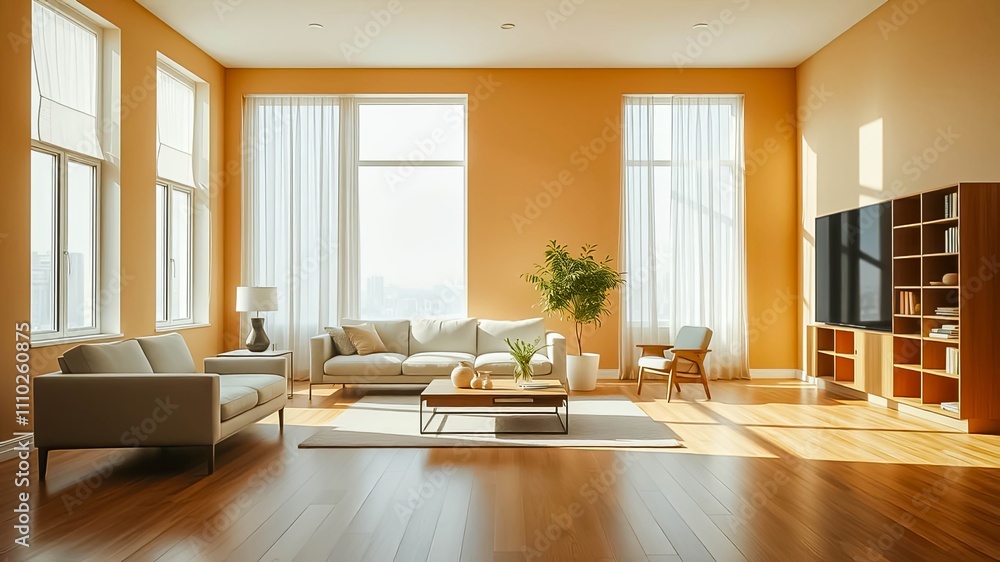 Modern living room interior design with warm tones and natural light Modern living room interior design with warm tones and natural light