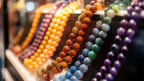 Colorful semi-precious stone necklaces displayed in vibrant hues showcasing craftsmanship and elegance in jewelry design