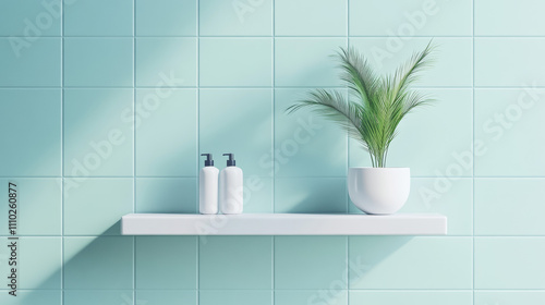Fototapeta Naklejka Na Ścianę i Meble -  White shelf on pastel blue wall with square tile pattern. Bathroom or kitchen interior product podium. Realistic 3d vector illustration restroom or cuisine scene with empty goods display podium mockup