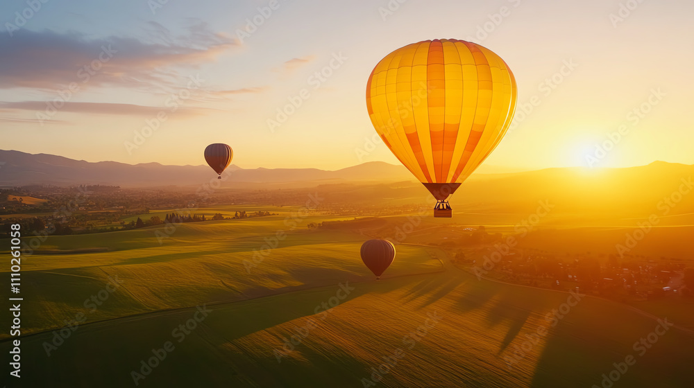 Colorful hot air balloons floating over a serene landscape during sunrise. Colorful hot air balloons floating over a serene landscape during sunrise.