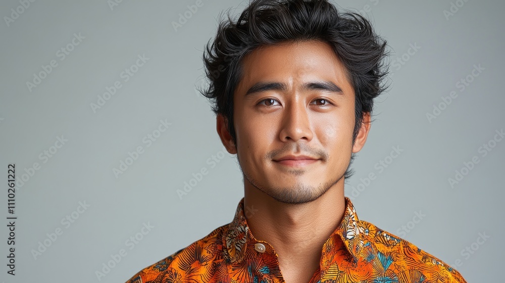 Young man wearing a vibrant batik shirt with a confident smile against a neutral background showcasing cultural fashion and personal style Young man wearing a vibrant batik shirt with a confident smile against a neutral background showcasing cultural fashion and personal style