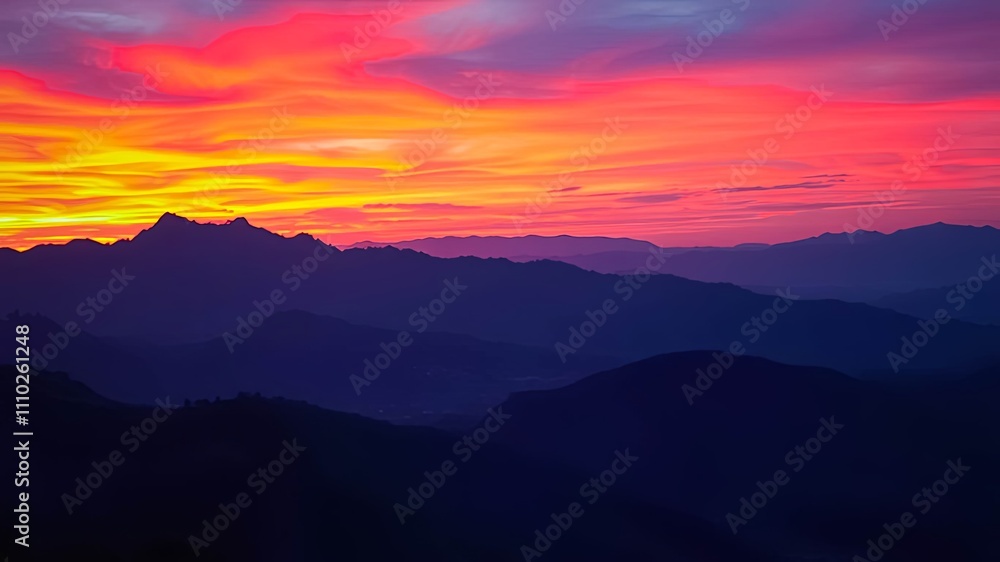 Fiery Sunset Hues Paint the Distant Mountain Ranges Fiery Sunset Hues Paint the Distant Mountain Ranges