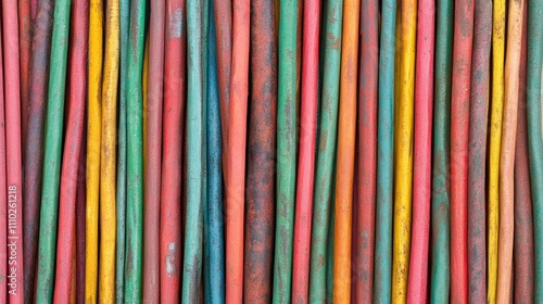 Colorful welding rods arranged in parallel, showcasing a variety of vibrant hues including red, green, blue, and yellow, ideal for industrial or craft-related themes, materials, tools, craftsmanship.