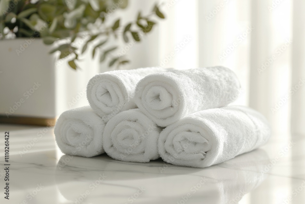 Clean soft rolled towels on white table banner, hotel, spa mockup with copy space, Clean soft rolled towels on white table banner, hotel, spa mockup with copy space,