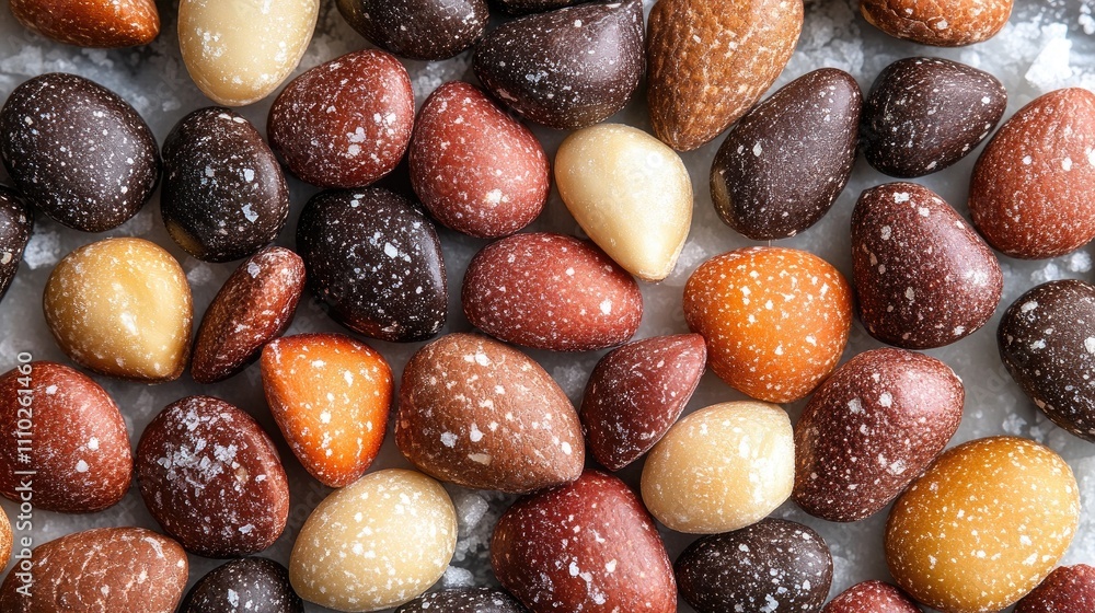 Colorful coated chocolate Brazil nuts arranged on a textured surface showcasing unique shapes and vibrant hues for an enticing snack display Colorful coated chocolate Brazil nuts arranged on a textured surface showcasing unique shapes and vibrant hues for an enticing snack display