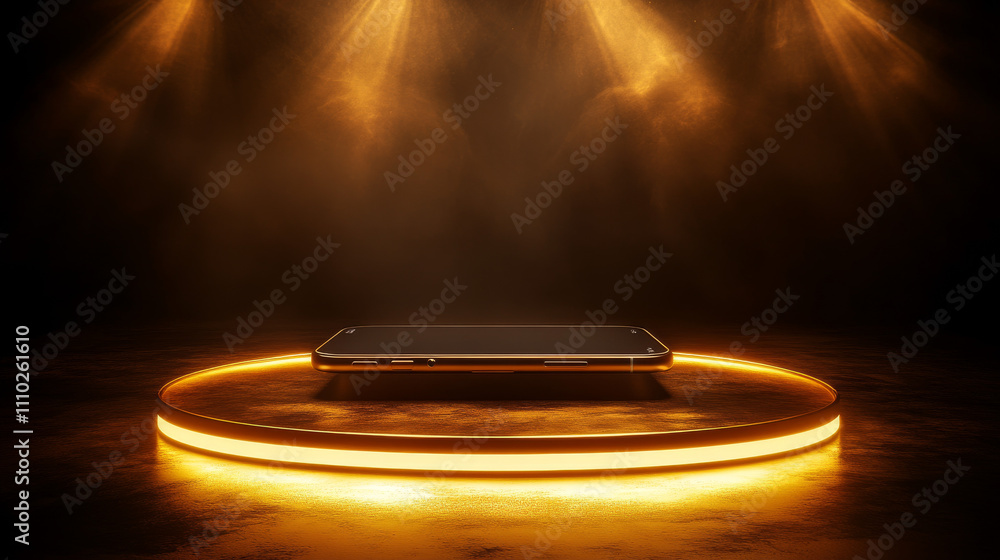 Smartphone on realistic empty gold podium floating in the air with gold neon ring on background and spotlights Smartphone on realistic empty gold podium floating in the air with gold neon ring on background and spotlights