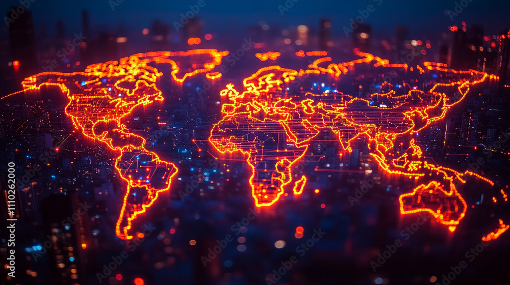 glowing circuit pattern forms a world map shape against a blurred background, symbolizing global connectivity, digital transformation, and the fusion of technology with geographical boundaries glowing circuit pattern forms a world map shape against a blurred background, symbolizing global connectivity, digital transformation, and the fusion of technology with geographical boundaries
