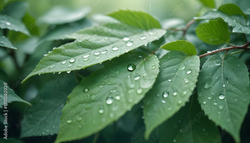 Hojas verdes con gotas de agua sobre un fondo borroso Hojas verdes con gotas de agua sobre un fondo borroso