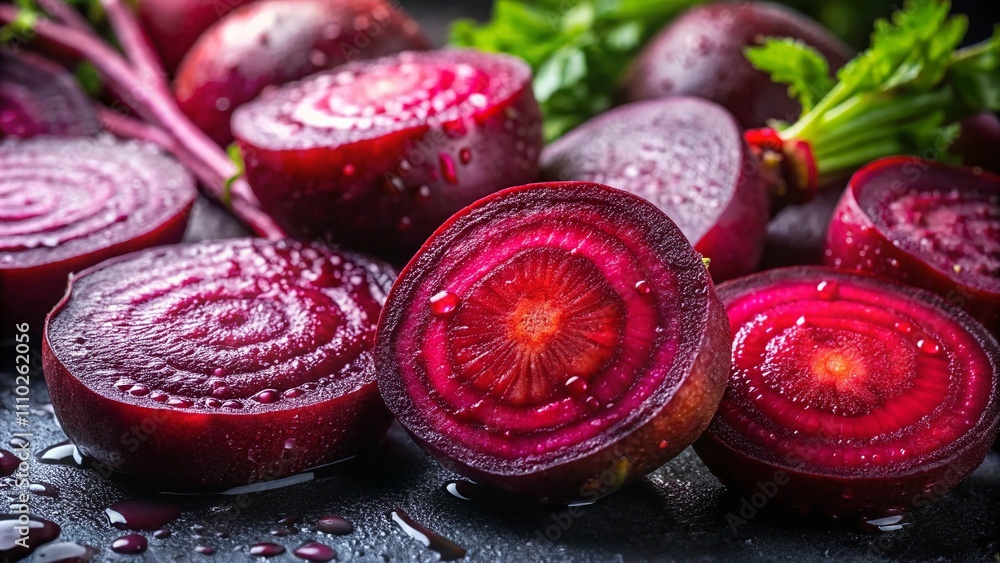 Close-Up of Fresh Beetroot Slices with Water Drops Captured in Low Light, Highlighting the Vibrant Colors and Textures for Culinary and Health-Related Visuals Close-Up of Fresh Beetroot Slices with Water Drops Captured in Low Light, Highlighting the Vibrant Colors and Textures for Culinary and Health-Related Visuals