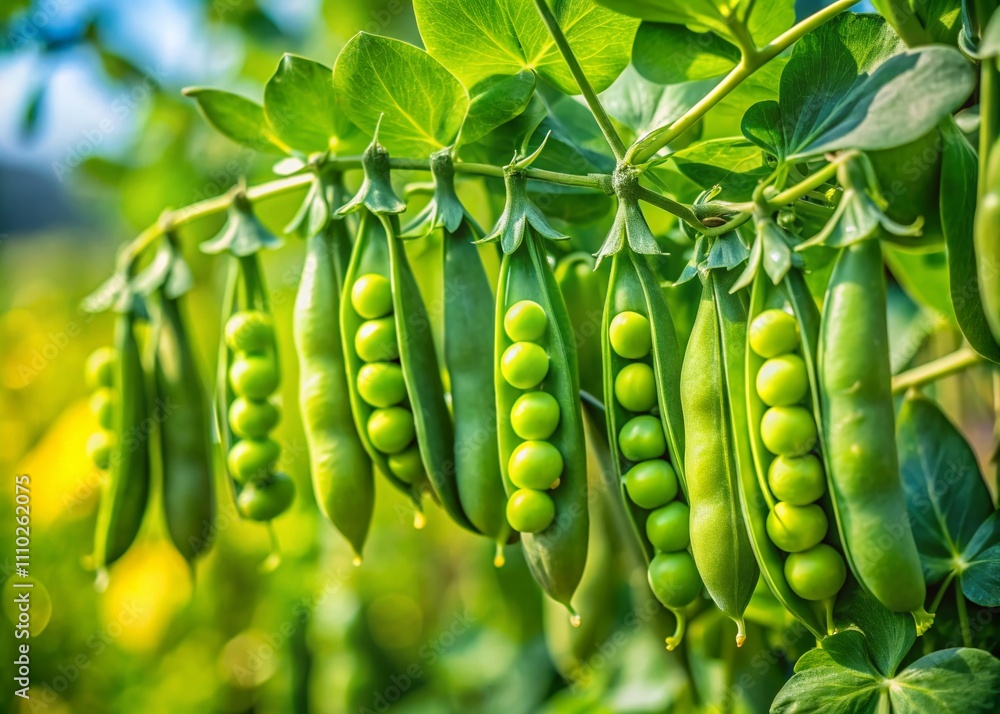 Close-Up of Fresh Green Peas Pods on a Pear Tree, Showcasing Lush Pea Plants in a Farm Field, Ideal for Pea Plantation Concepts and Agriculture Imagery Close-Up of Fresh Green Peas Pods on a Pear Tree, Showcasing Lush Pea Plants in a Farm Field, Ideal for Pea Plantation Concepts and Agriculture Imagery