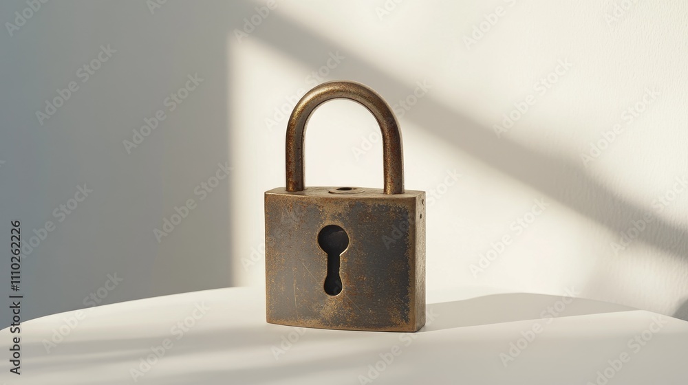 Brass padlock on white surface symbolizing security and protection against theft in minimalist setting with soft shadows. Brass padlock on white surface symbolizing security and protection against theft in minimalist setting with soft shadows.