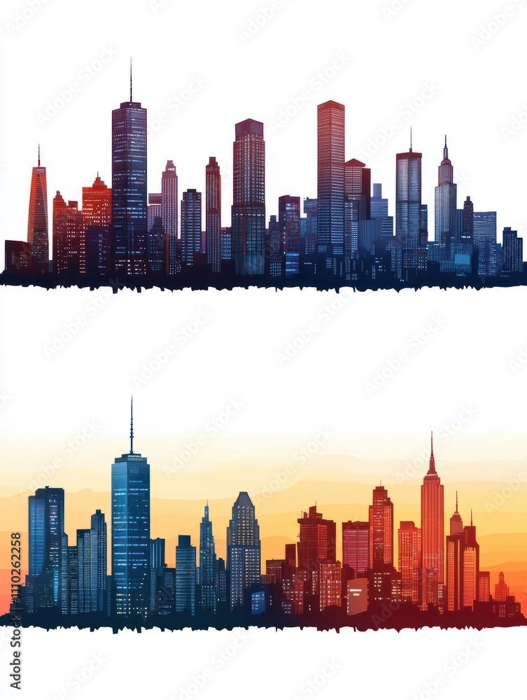 Fototapeta premium Daytime cityscape set. Morning sunrise, day, evening sunset and night city skyline landscape with town skyscraper building architecture silhouette vector illustration isolated on white background