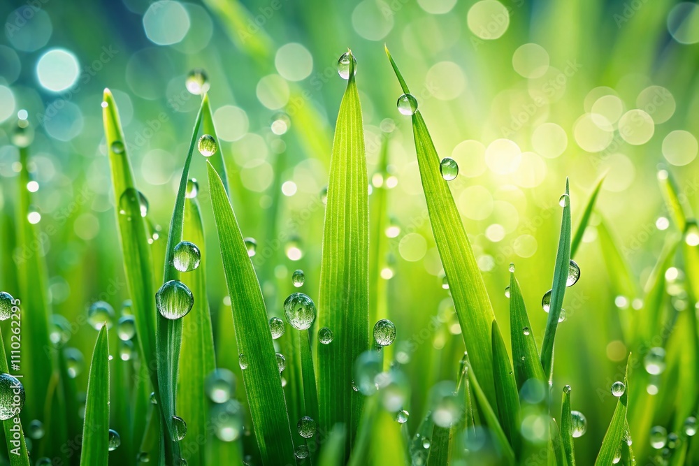 Fototapeta premium Close-Up of Glistening Water Drops on Lush Green Grass with Beautiful Bokeh Background, Perfect for Nature and Freshness Themes in Photography and Design Projects