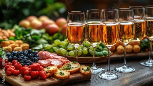 Elegant champagne glasses paired with a vibrant spread of appetizers including fruits, meats, and gourmet finger foods on a rustic table.