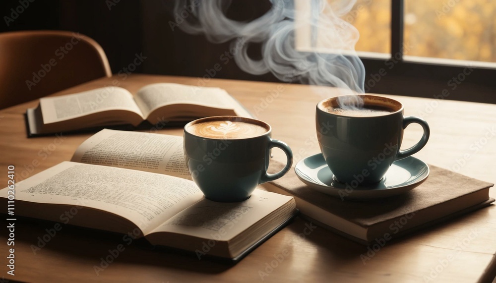 A cozy reading nook with two cups of coffee, books, and a warm atmosphere. A cozy reading nook with two cups of coffee, books, and a warm atmosphere.