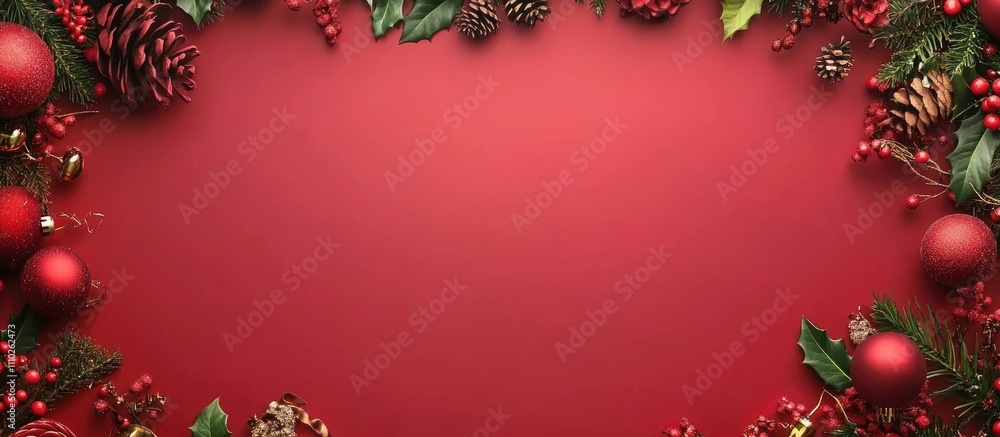 Festive red backdrop with pine cones and holiday decorations perfect for a letter to Santa Claus or Christmas-themed greeting cards. Festive red backdrop with pine cones and holiday decorations perfect for a letter to Santa Claus or Christmas-themed greeting cards.