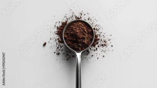 Coffee powder in stainless steel tablespoon with scattered grounds on a clean white background showcasing kitchen elements.