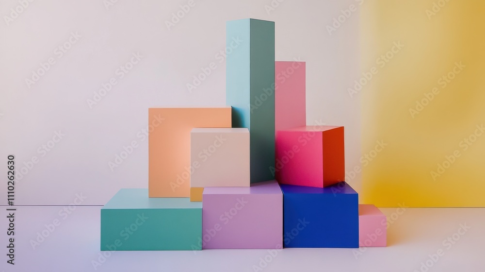 An evocative scene of abstract, multi-colored blocks merging to form a cohesive, radiant structure against a plain backdrop An evocative scene of abstract, multi-colored blocks merging to form a cohesive, radiant structure against a plain backdrop