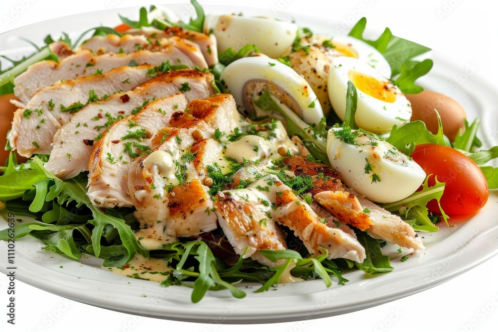 Chicken Mayonnaise Salad with Sliced Poultry Meat, Quail Eggs, Greens, Olivier Salat with Sliced Meat Chicken Mayonnaise Salad with Sliced Poultry Meat, Quail Eggs, Greens, Olivier Salat with Sliced Meat