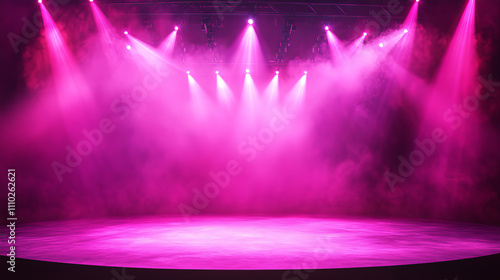 Empty podium floating in the air with line neon lamps around. Illustration with abstract scene with pink neon lamps and floating podium