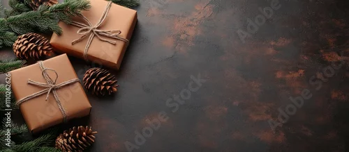 Panel kuchenny z motywem Christmas gift boxes with pine cones and tree branches on slate marble backdrop perfect for festive backgrounds and seasonal decorations