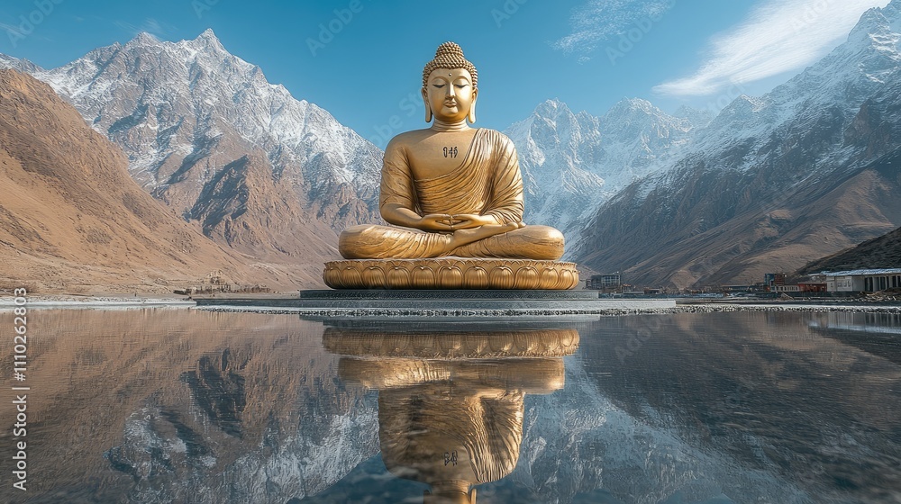 Golden Buddha statue sits peacefully by a calm lake with majestic snow-capped mountains in the background. Golden Buddha statue sits peacefully by a calm lake with majestic snow-capped mountains in the background.