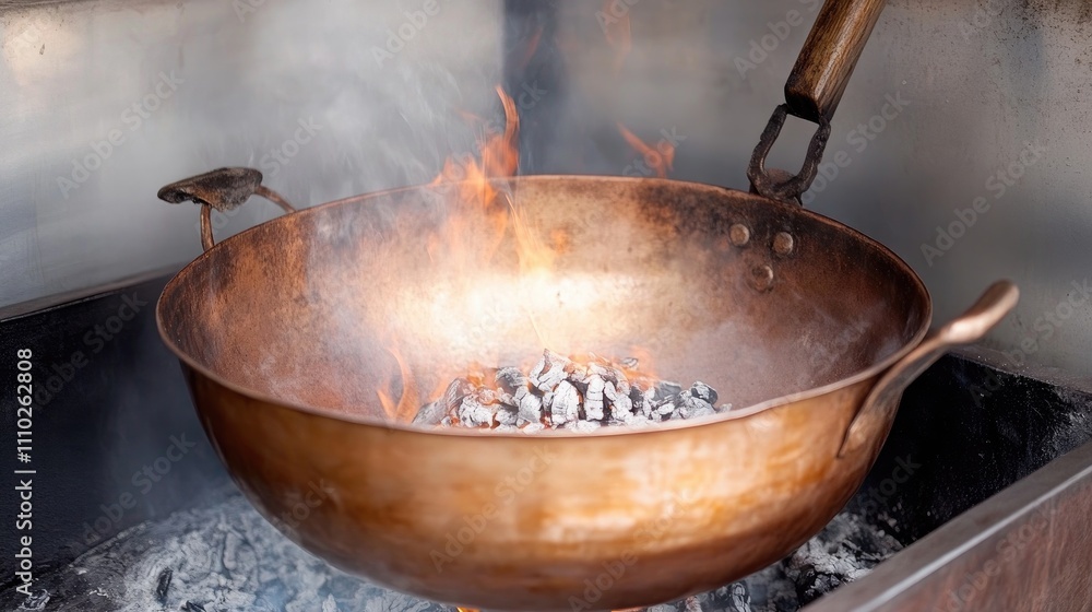 Copper wok over glowing embers with smoke and fire for cooking traditional food outdoors Copper wok over glowing embers with smoke and fire for cooking traditional food outdoors