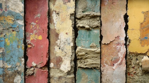 Colorful peeling plaster texture on an old wall showcasing a vibrant color palette of decay and weathering in urban architecture.