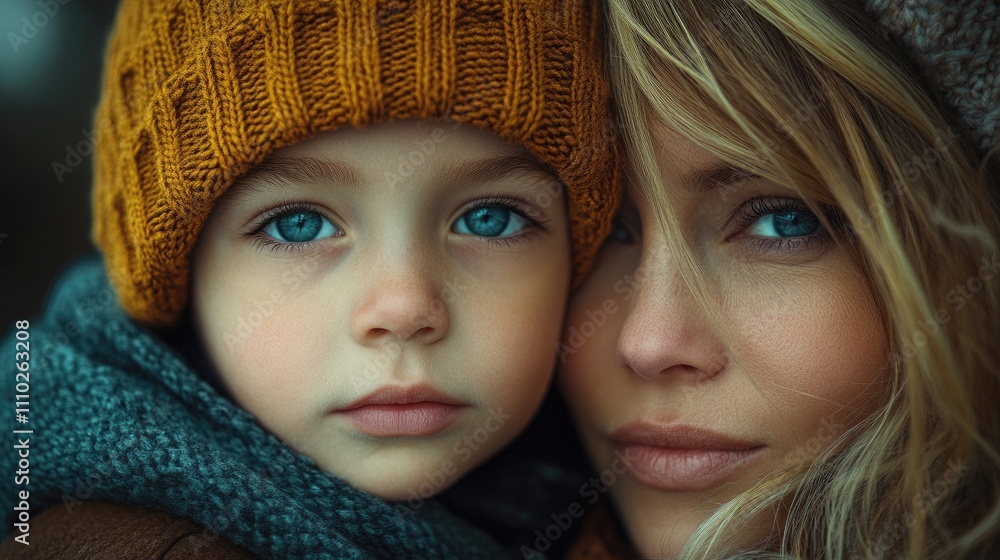 Mother and son portrait with warm tones showcasing emotional connection and blue-eyed innocence in a cozy outdoor setting Mother and son portrait with warm tones showcasing emotional connection and blue-eyed innocence in a cozy outdoor setting
