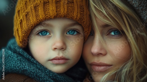 Mother and son portrait with warm tones showcasing emotional connection and blue-eyed innocence in a cozy outdoor setting