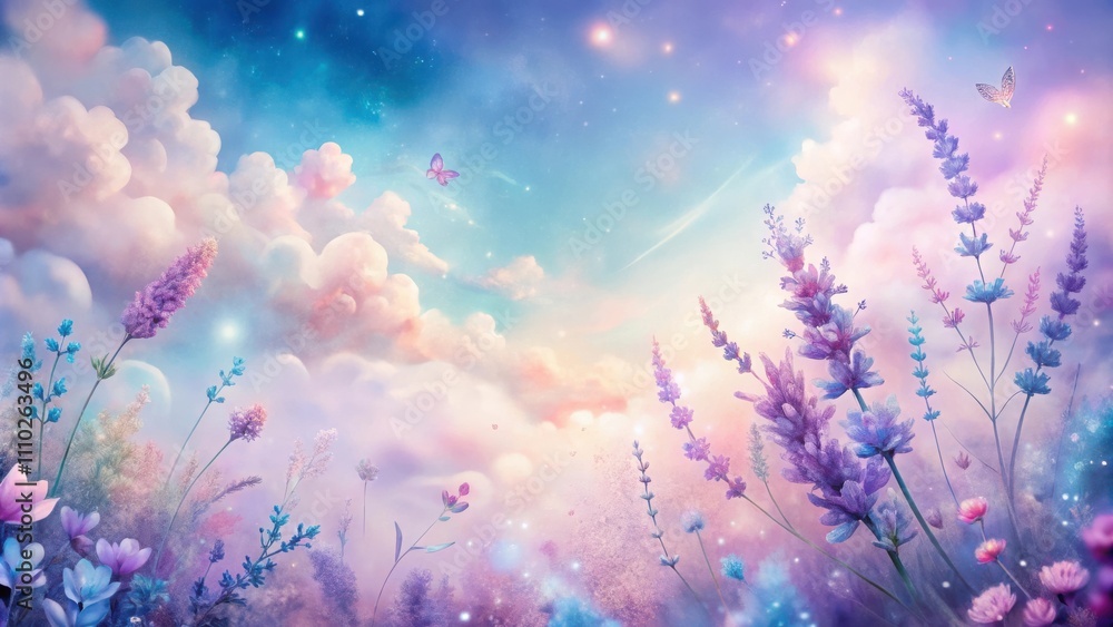 Fototapeta premium A whimsical illustration of lavender flowers with purple butterflies against a dreamy backdrop of clouds and twinkling stars.