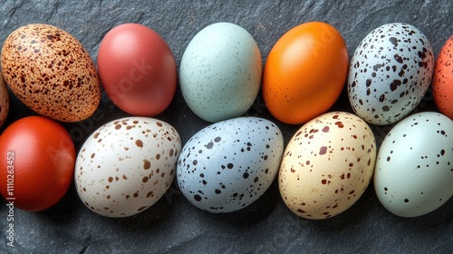 Colorful decorative eggs arranged on a dark stone background showcasing various textures and patterns for Easter celebration themes