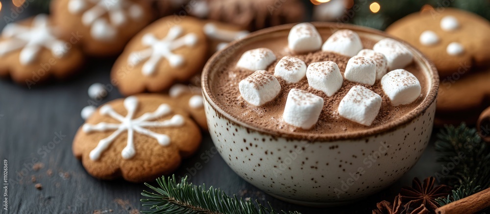 Cozy Christmas flatlay featuring gingerbread cookies and hot cocoa with marshmallows on a festive background Cozy Christmas flatlay featuring gingerbread cookies and hot cocoa with marshmallows on a festive background