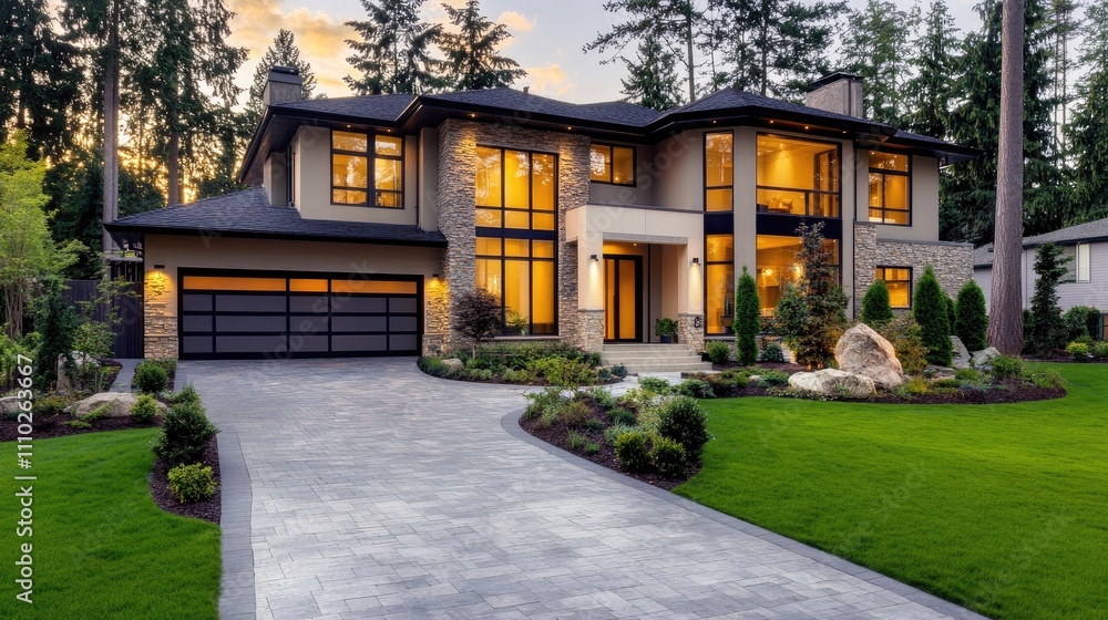 Contemporary North American house exterior with modern landscaping and driveway in Vancouver suburb at sunset Contemporary North American house exterior with modern landscaping and driveway in Vancouver suburb at sunset
