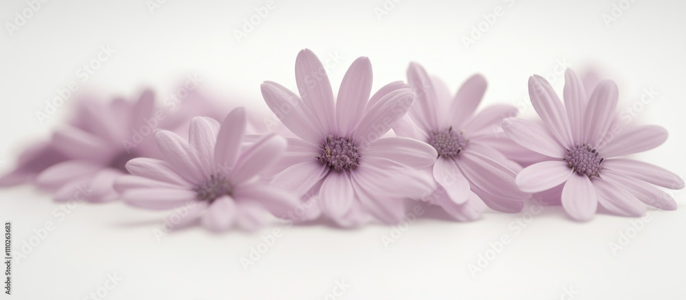 Obraz premium Cineraria flowers arranged in a delicate line against a soft white background showcasing their gentle purple hues and intricate petals.