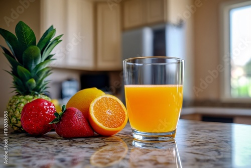 A refreshing glass of orange juice with fresh fruits on a kitchen countertop.