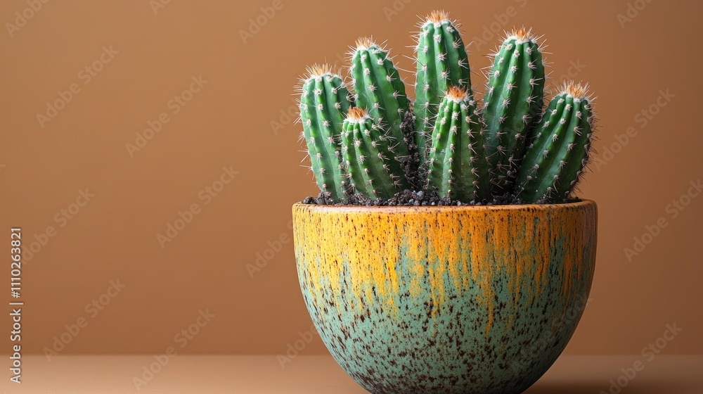 Stylish cactus arrangement in a decorative pot on a warm brown background showcasing modern interior design elements Stylish cactus arrangement in a decorative pot on a warm brown background showcasing modern interior design elements